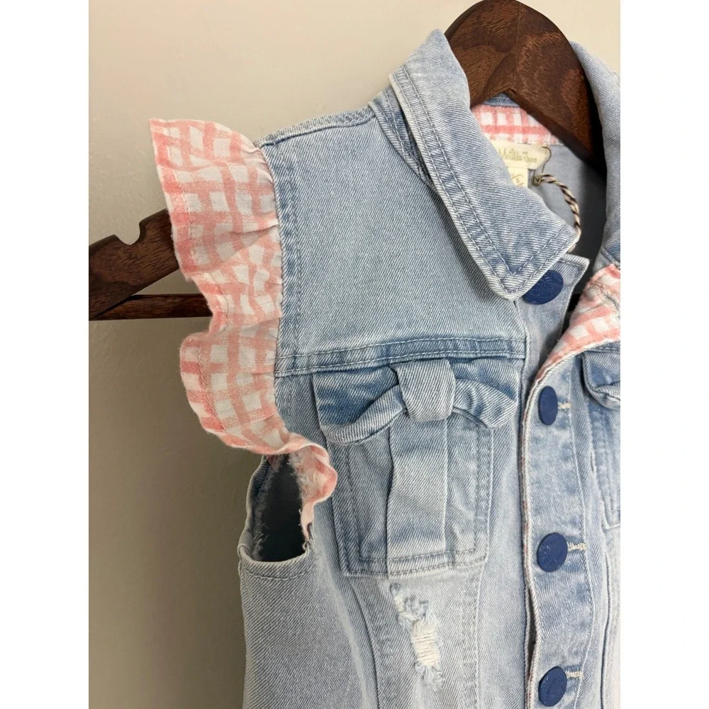 NWT Matilda Jane Denim Vest Girls 8 Light‎ Blue Pink Gingham Girlie Ruffle Bow